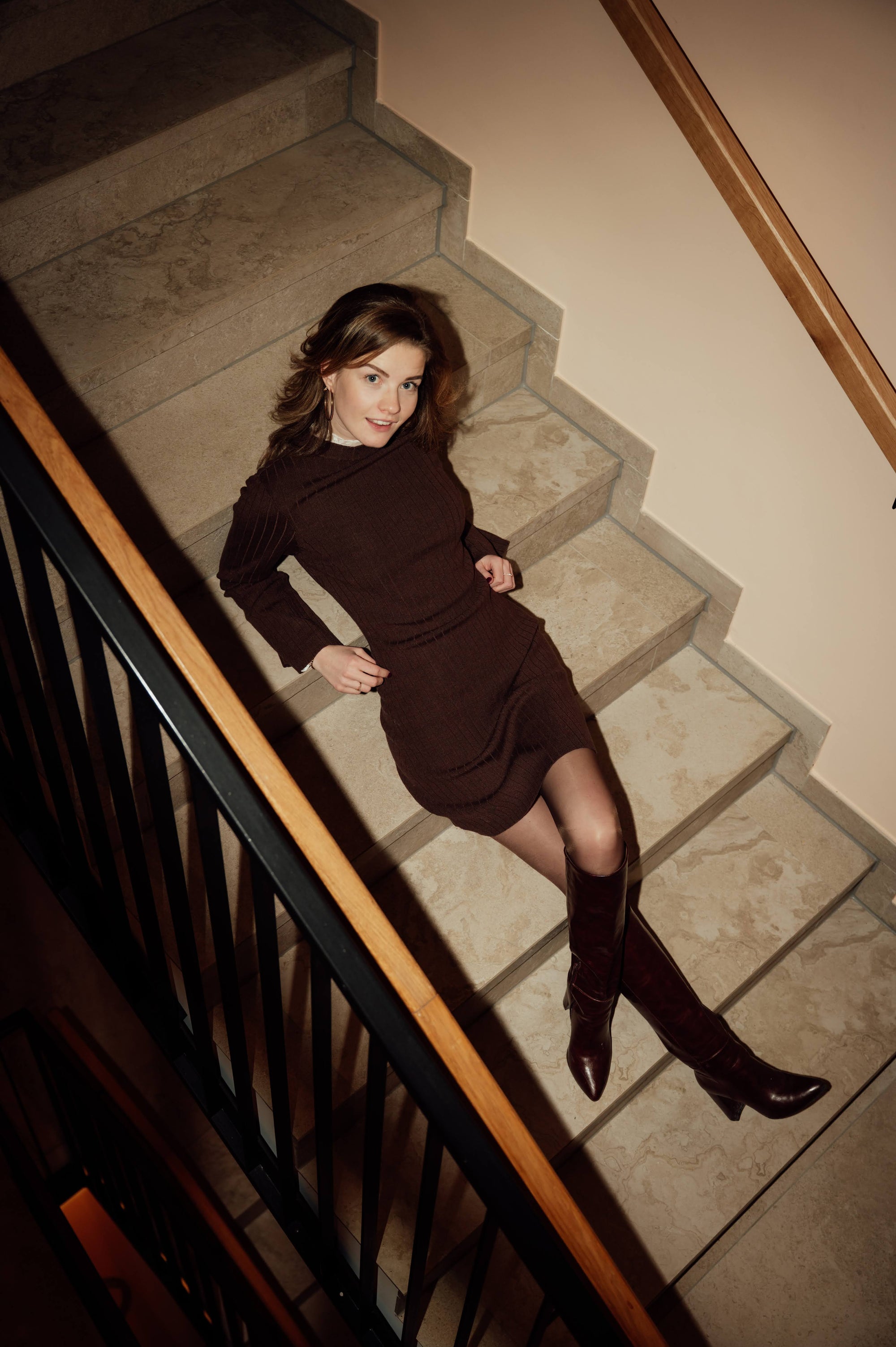 Knitted Trumpet Sleeve Dress - Chocolate Brown