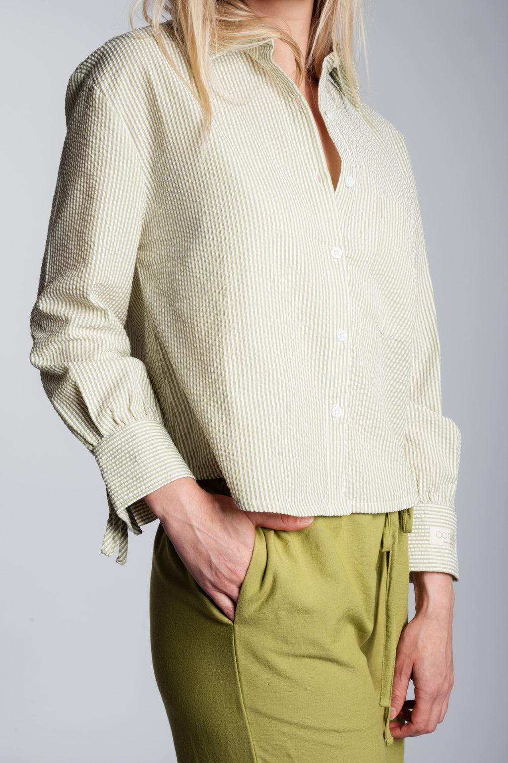 Bow Cuff Blouse - Ivory & Sage Green