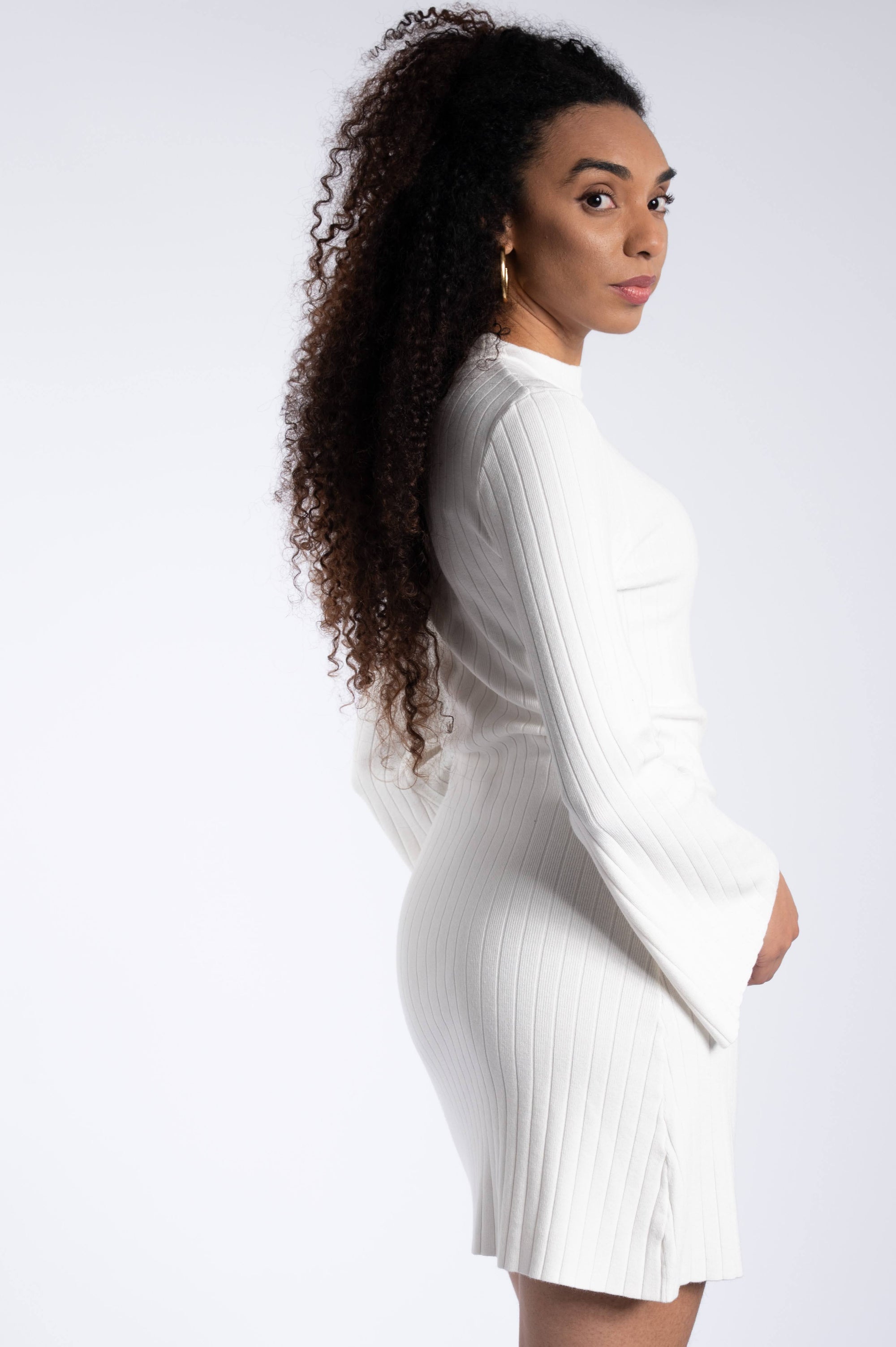 Knitted Trumpet Sleeve Dress - Ivory