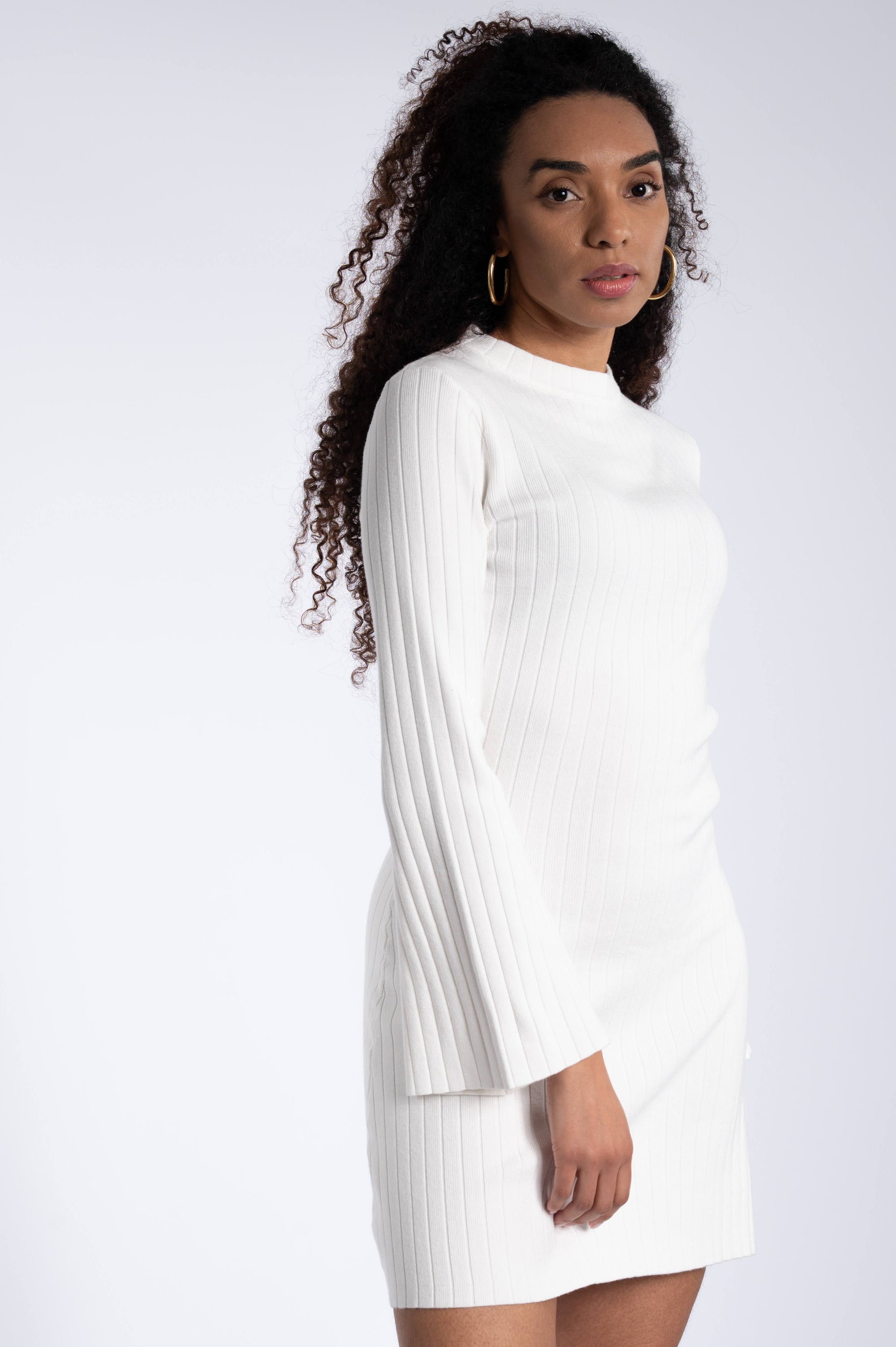 Knitted Trumpet Sleeve Dress - Ivory