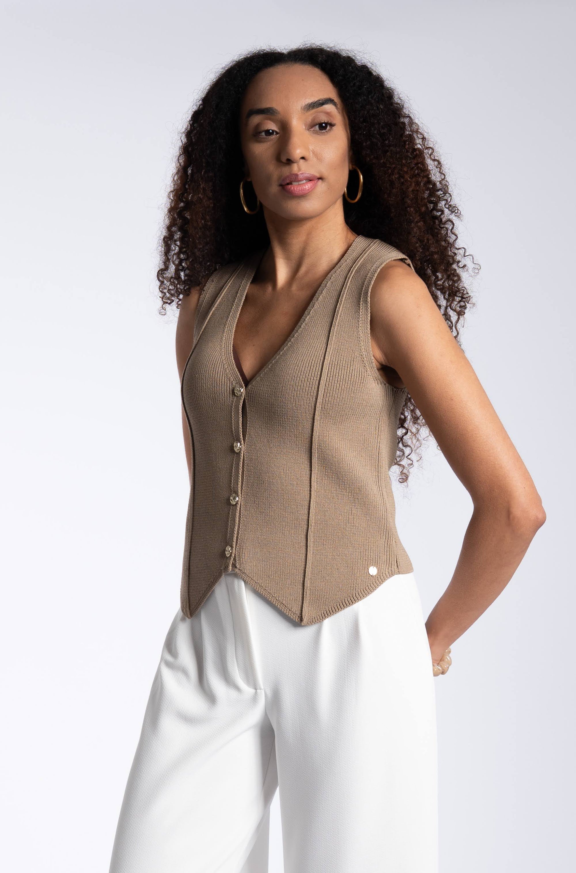 Knitted Gold Button Gilet - Brown