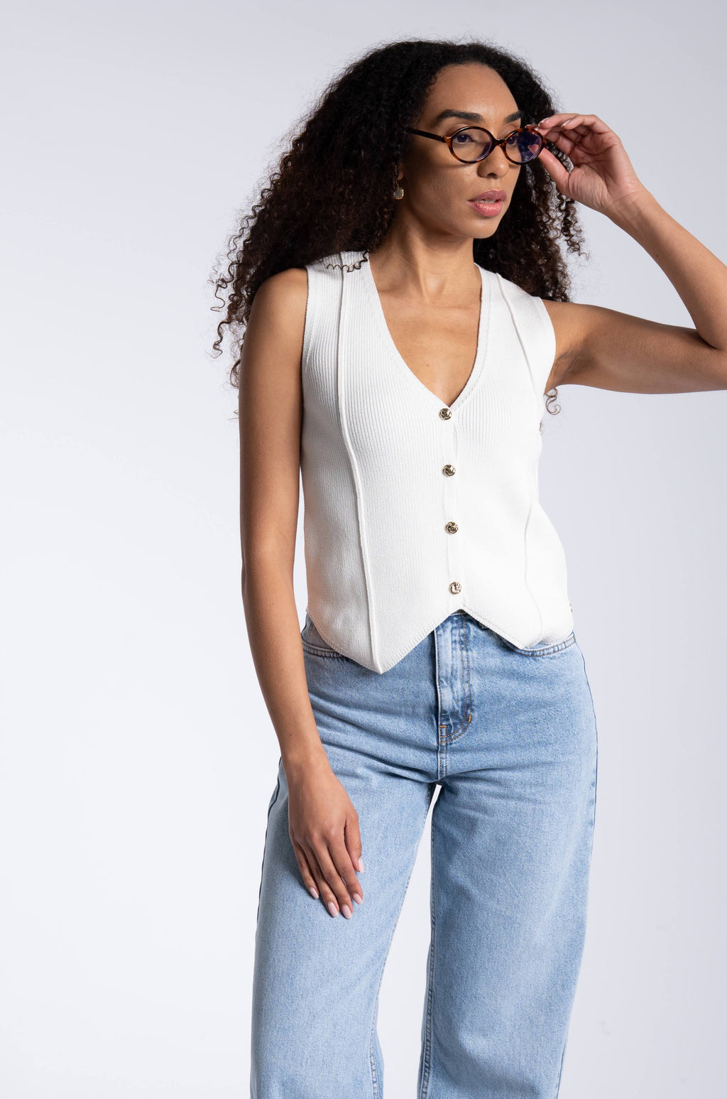 Knitted Gold Button Gilet - Off White