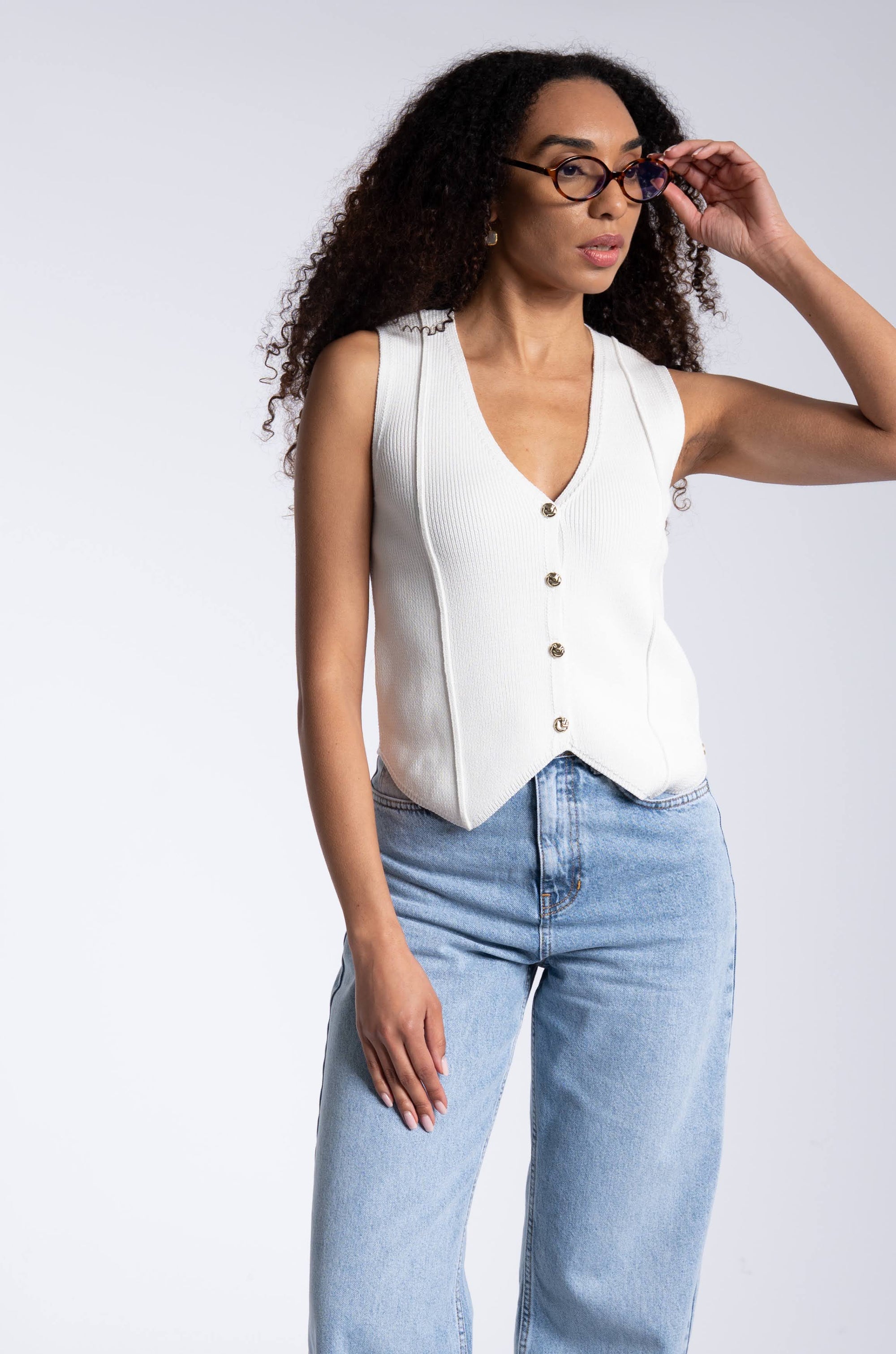 Knitted Gold Button Gilet - Off White