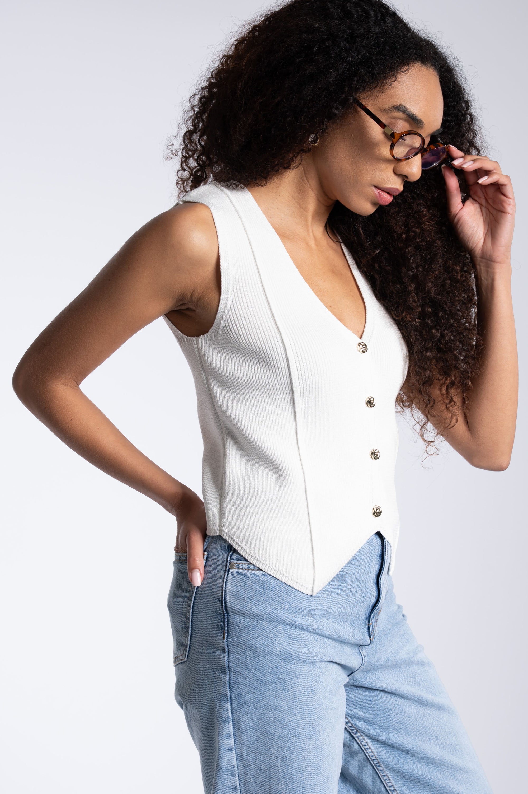 Knitted Gold Button Gilet - Off White
