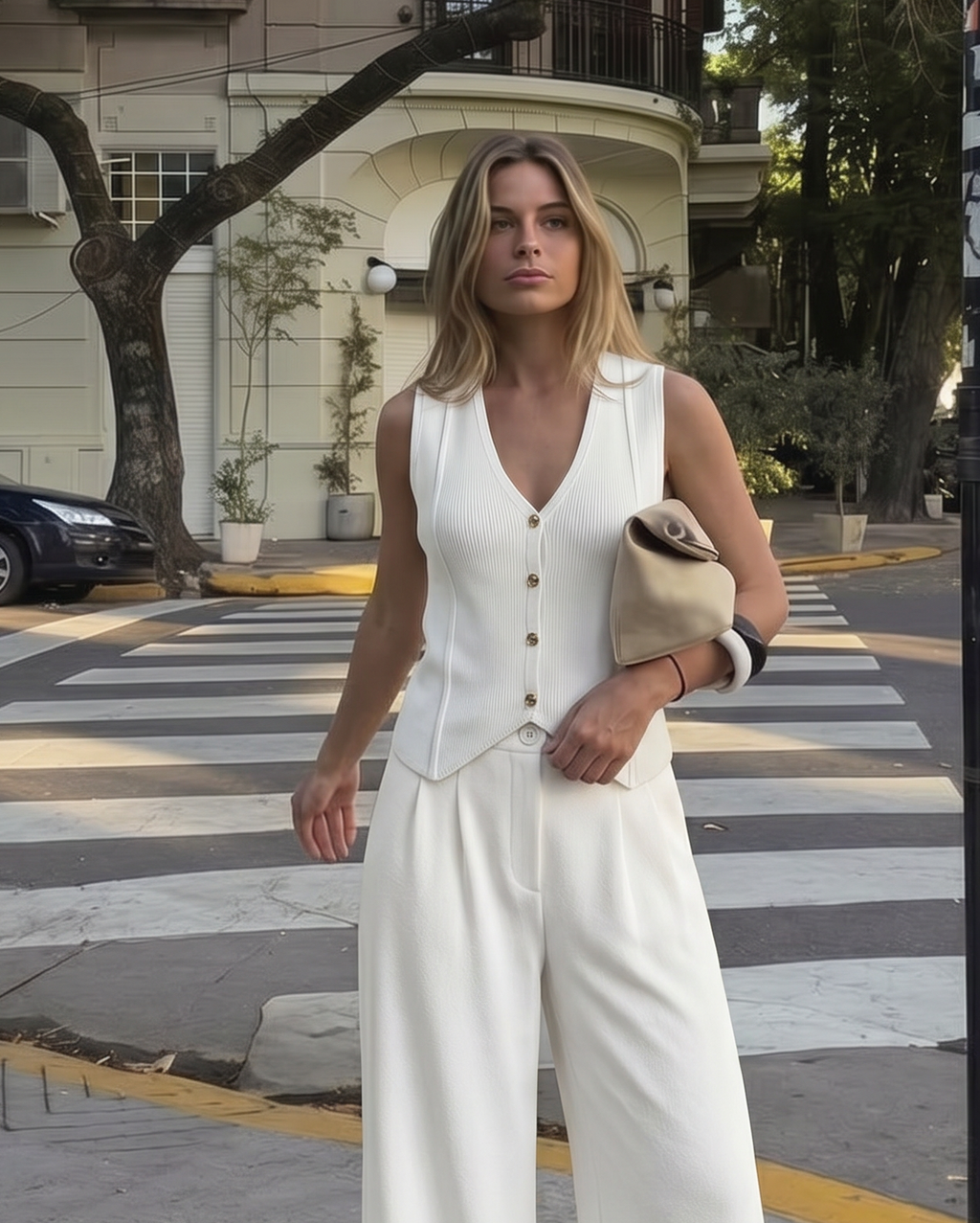 Knitted Gold Button Gilet - Off White