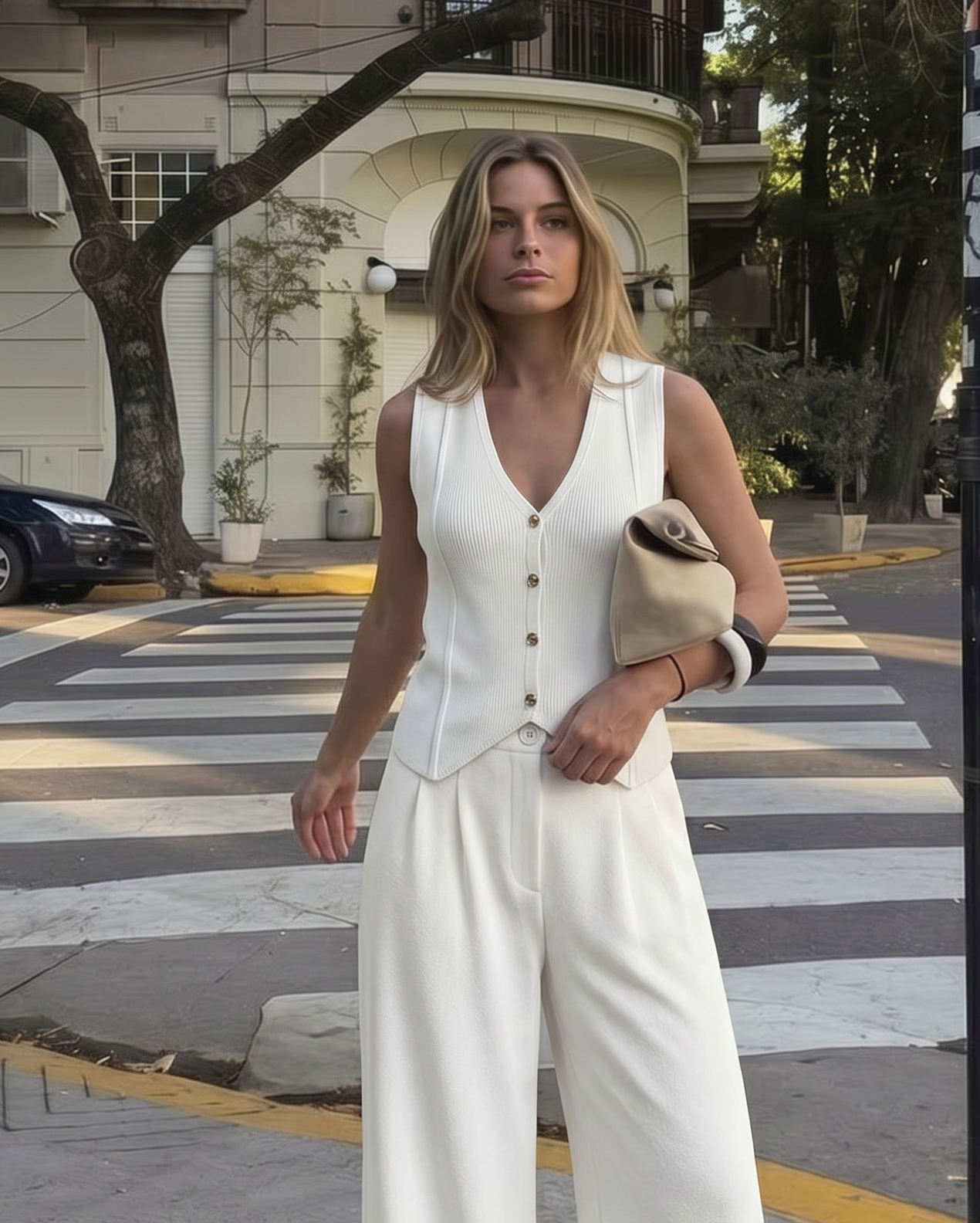 Knitted Gold Button Gilet - Off White