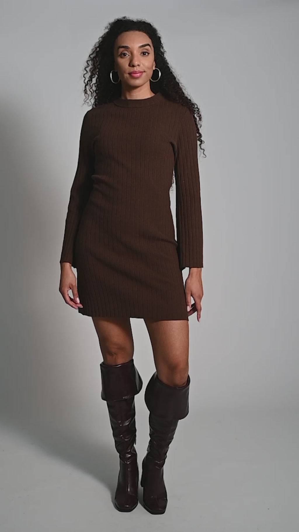 Knitted Trumpet Sleeve Dress - Chocolate Brown